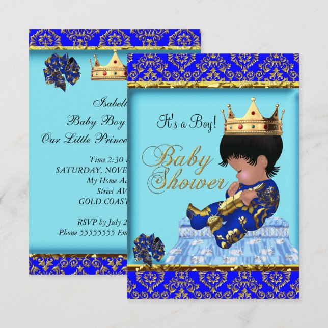 Baby Shower Blå Guld Pojke Prins Inbjudningar (Fram/baksida)