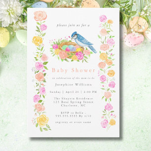 Baby Shower Blå Jay med Fågelbo och Rosor Inbjudningar