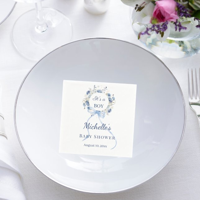Baby Shower blå pojke blommig krans  Pappersservett (Skapare uppladdad)