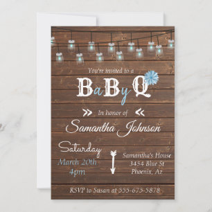 Baby Shower Blå Pojke Fest BBQ Rustik Trä Inbjudningar