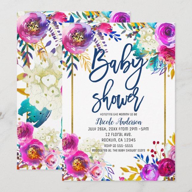 Baby Shower Blå Skrift Bold Watercolor Blommig Inbjudningar (Fram/baksida)