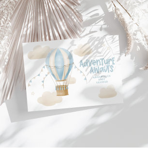 Baby shower blå varmluftsballong äventyr väntar inbjudningar