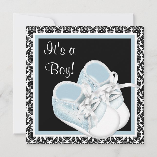 Baby Shower Black and Blue Damask Pojke Inbjudningar (Framsida)