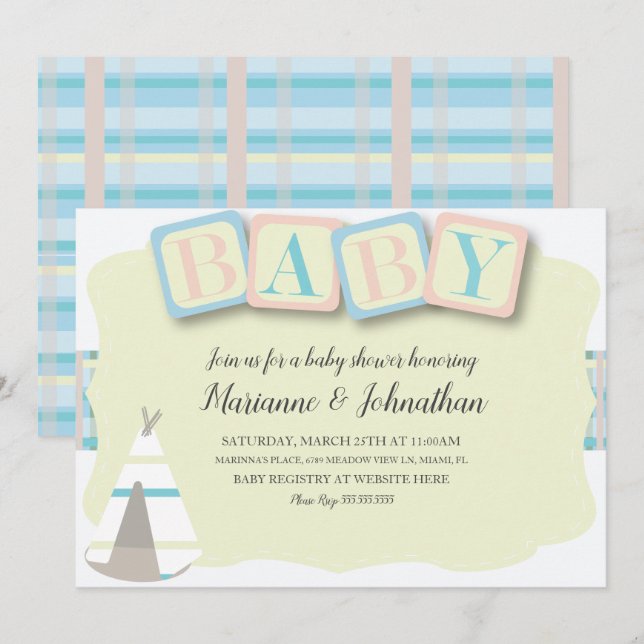 Baby Shower Block Boho Tribal Plaid Inbjudan (Fram/baksida)
