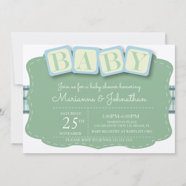 Baby Shower Block Pojke Plaid Inbjudan (Framsida)
