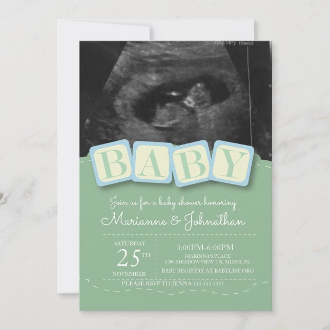 Baby Shower Blocks Boy Play Ultrasound Photo Invi Inbjudningar (Framsida)