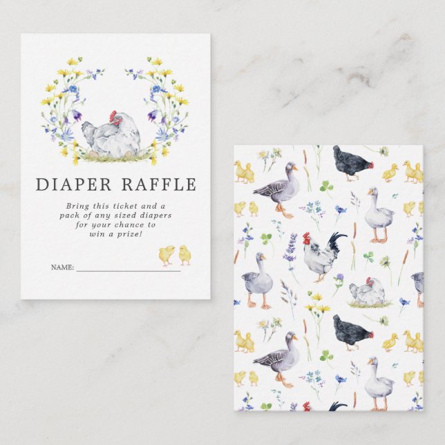 Baby Shower Blöja Raffla Biljett | Blommiga Kyckli Tilläggskort (Fram/baksida)