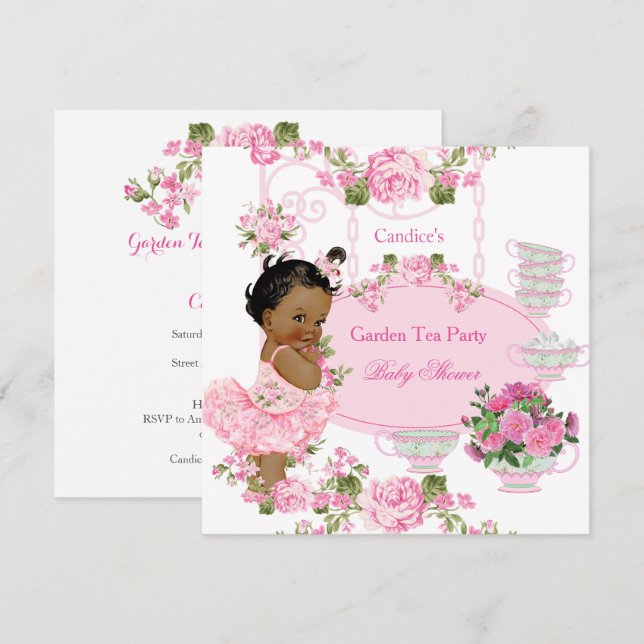 Baby Shower Blommig Ros Tea Party Rosa Etnisk Inbjudningar (Fram/baksida)
