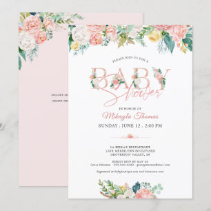 Baby Shower Blommig Roséguld Rosa Nyans Typografi Inbjudningar