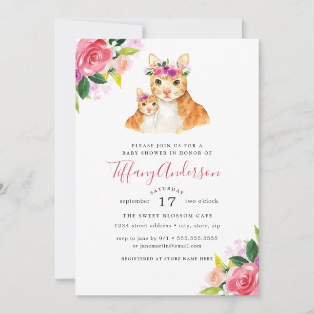Baby Shower Blommig Söt Mammas Och Bebis Katt Inbjudningar (Framsida)
