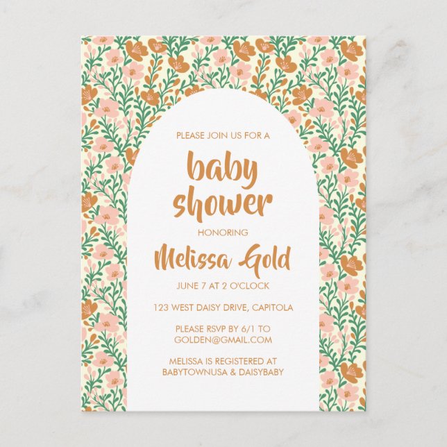 BABY SHOWER Blommigt Arch Rosa Flower Mönster ANPA Inbjudan Vykort (Framsida)