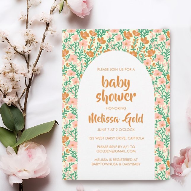 BABY SHOWER Blommigt Arch Rosa Flower Mönster ANPA Inbjudningar (Sweet floral baby shower custom invitation with an arch shape. Add your own text, change fonts)