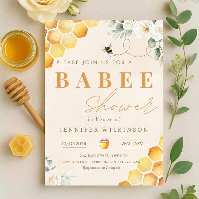 Baby Shower Blommigt Babee Honungsbin Inbjudningar (Honey Bee Baby Shower Floral Babee Invitation)