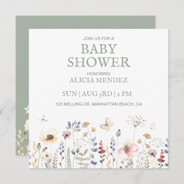 BABY SHOWER, BLOMMIGT, BOTANISK BABY SHOWER INBJUDNINGAR (Fram/baksida)