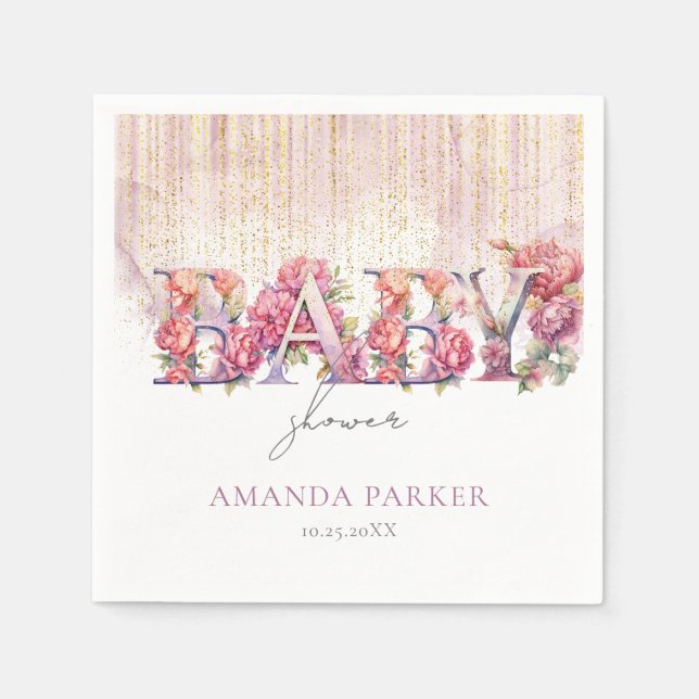 Baby Shower Blommigt Brev Rosa Guld Personlig Pappersservett (Framsidan)