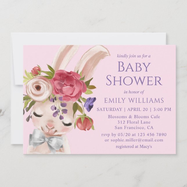 Baby Shower Blommigt Bunny Rabbit Cute Modern Inbjudningar (Framsida)