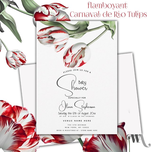 Baby Shower| Blommigt Red and White Rembrandt Tuli Inbjudningar ( Brilliant & joyful red and white tulips welcome the upcoming blessed event!)