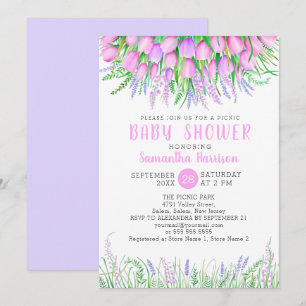 Baby Shower Blommigt Vår Lavender Tulips Picnic Inbjudningar