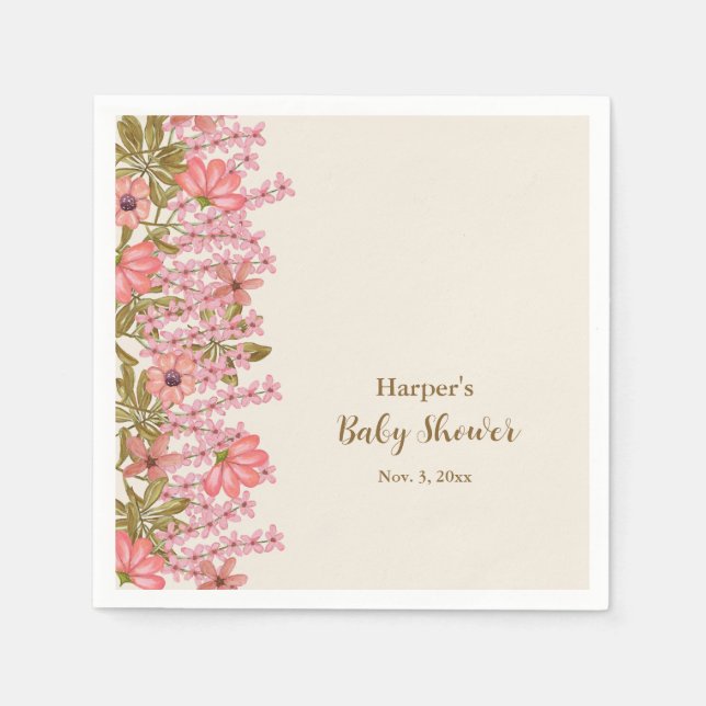Baby Shower Blommigt Wildblomme Söt Boho Rosa Pappersservett (Framsidan)