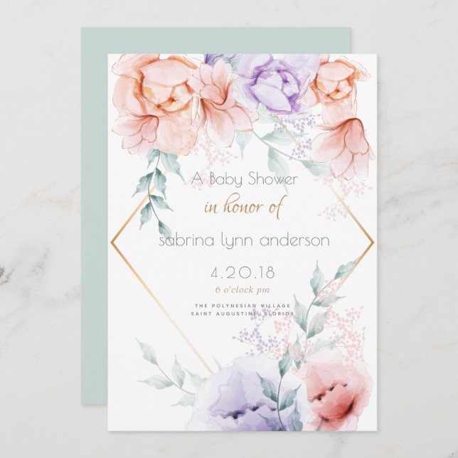 Baby Shower | Blommigten Coral och Lilac AQuarelle Inbjudningar (Fram/baksida)