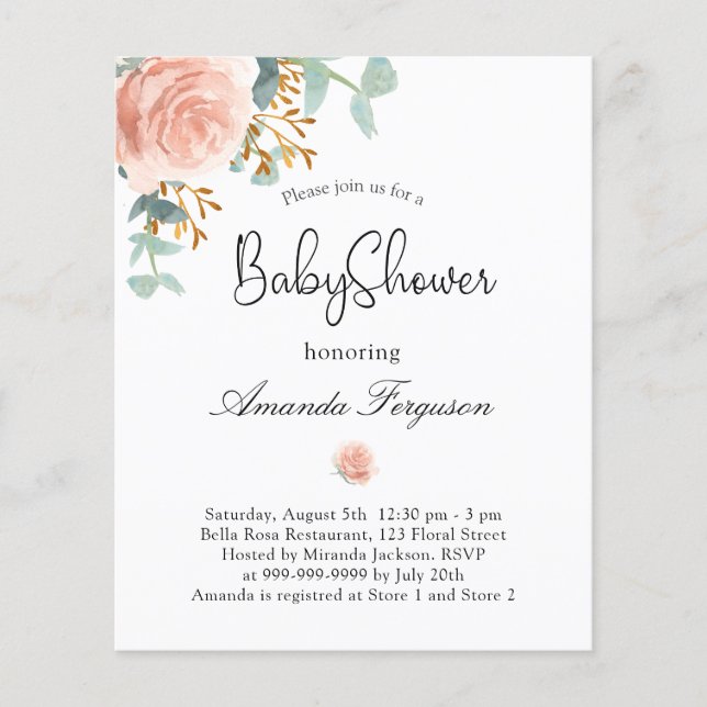 Baby Shower blomster eukalyptus budget inbjudan (Framsida)