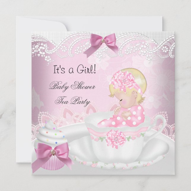 Baby Shower Blond Flicka Rosa Baby Tekopps Cupcake Inbjudningar (Framsida)