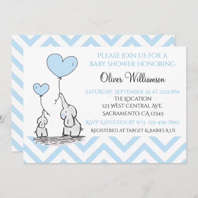 Baby Shower Blue Baby Elephant with Heart Anpassni Inbjudningar (Fram/baksida)