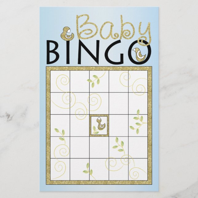 Baby Shower Blue BINGO "Guld Birds" Flygblad (Framsidan)