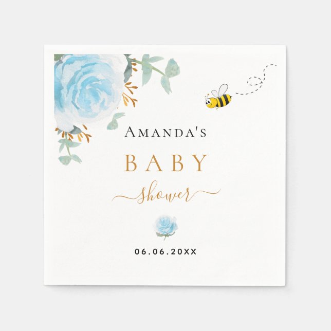 Baby Shower blue blommigt greenery bi boy Pappersservett (Framsidan)