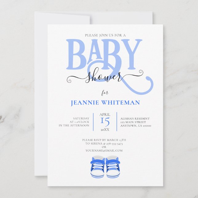 BABY SHOWER, BLUE-BOOTYER, BLÅTYPOGRAFI INBJUDNINGAR (Framsida)