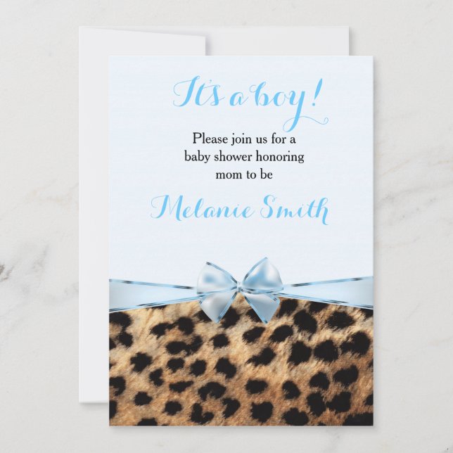 Baby Shower Blue Bow Cheetah Leopard Boy Inbjudan (Framsida)