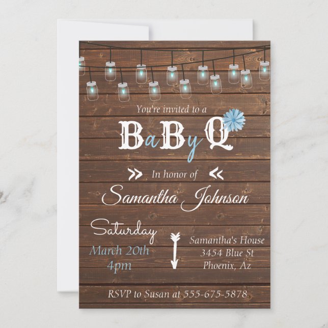 Baby Shower Blue Boy Party BBQ Rustic Wood Inbjudningar (Framsida)