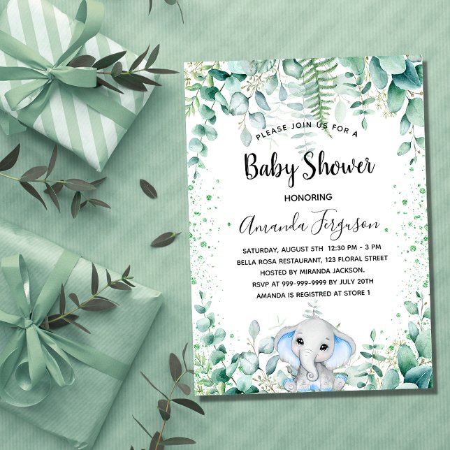 Baby Shower Blue elephant boyeukalyptus greenery Inbjudningar (Skapare uppladdad)
