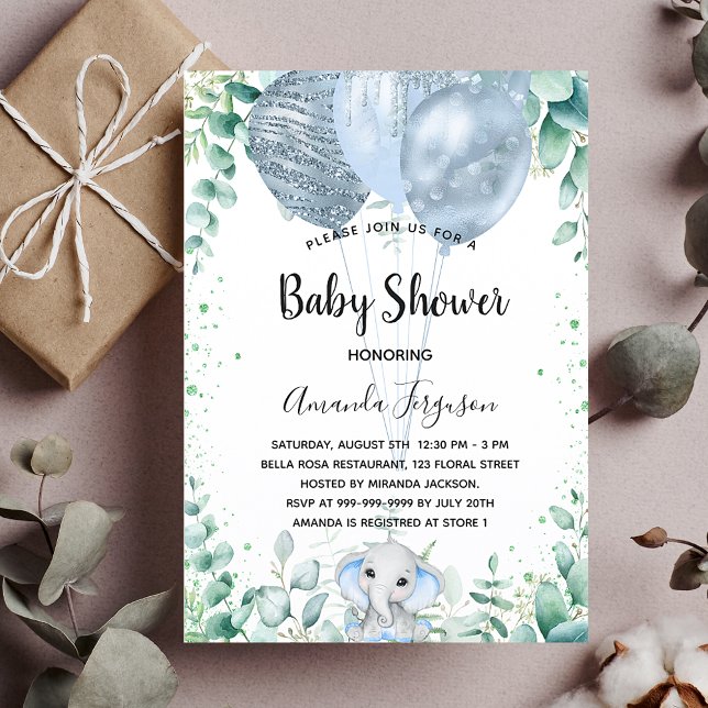 Baby Shower Blue elephant eucalyptus boy Inbjudningar (Skapare uppladdad)