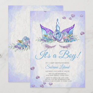 Baby Shower Blue Fantasy Sleeping Unicorn Inbjudningar