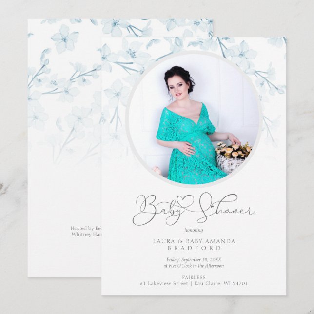 Baby Shower Blue Floral Botanical Photo Invitation (Fram/baksida)