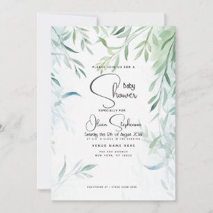 Baby Shower - Blue Grönt Willow Foliage Inbjudningar