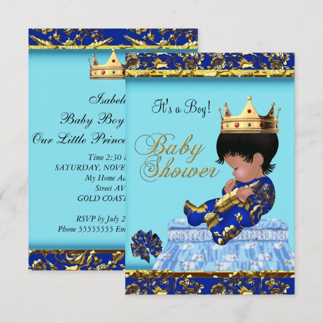 Baby Shower Blue Guld Boy prins Inbjudningar (Fram/baksida)