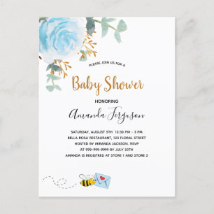 Baby Shower Blue humla blommigt Greenere boy Inbjudan Vykort