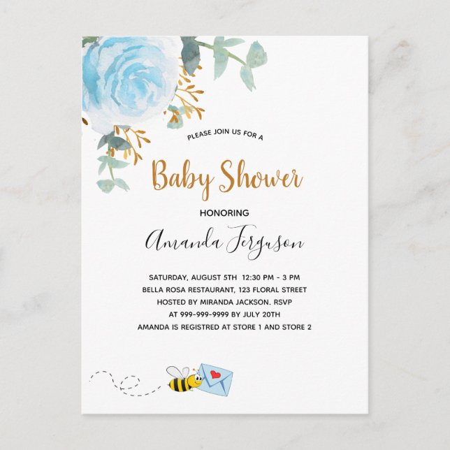 Baby Shower Blue humla blommigt Greenere boy Inbjudan Vykort (Framsida)