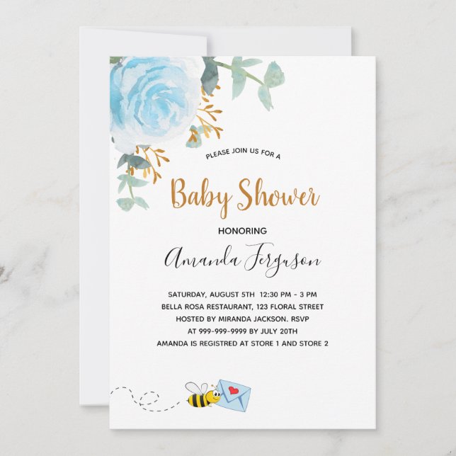 Baby Shower Blue humla blommigt Greenere boy Inbjudningar (Framsida)