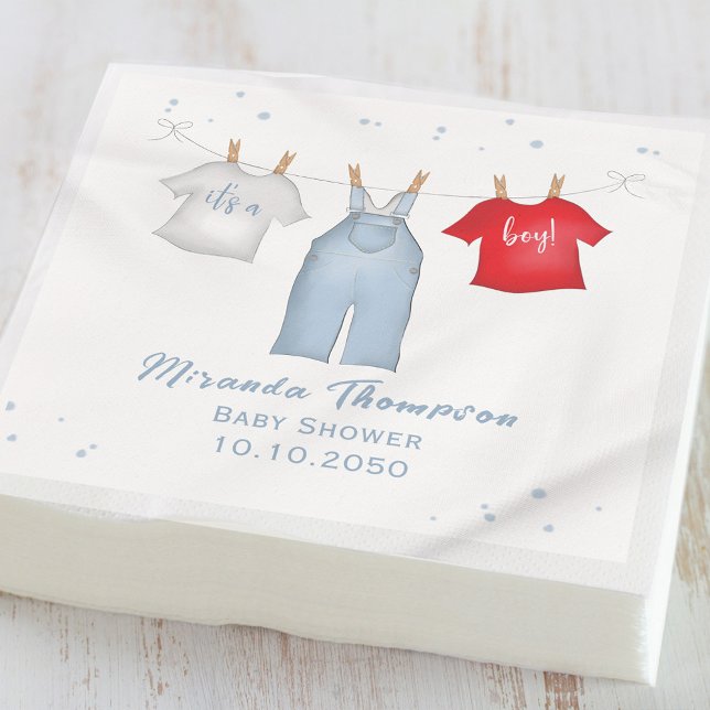 Baby Shower Blue its Boy Clothesline Anpassningsba Pappersservett (Skapare uppladdad)