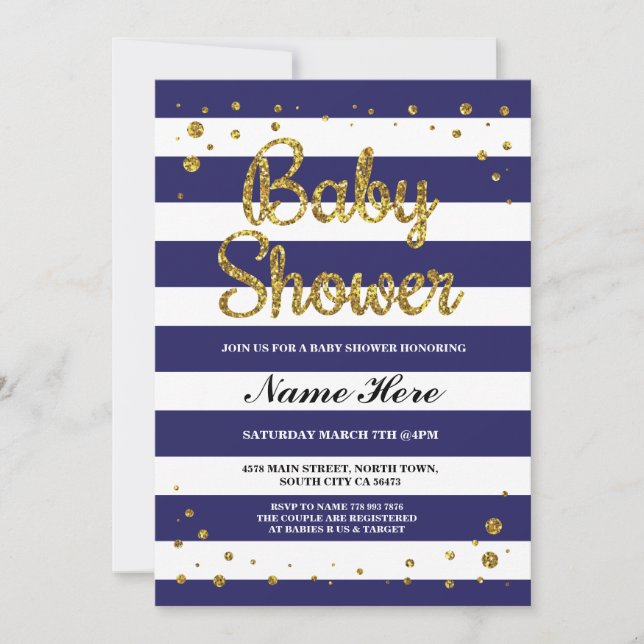 Baby Shower Blue Navy Rand Guld Glitter Inbjudan (Framsida)