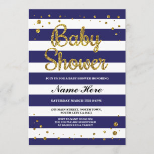 Baby Shower Blue Navy Rand Guld Glitter Inbjudan