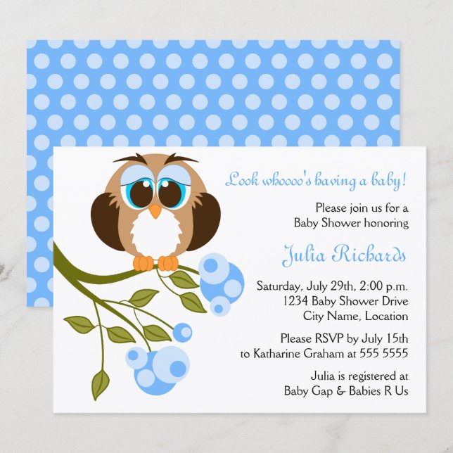 Baby Shower Blue Öga Baby Uggla  Inbjudningar (Fram/baksida)