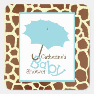 Baby Shower Blue Parbrella & Giraffe Print Fyrkantigt Klistermärke