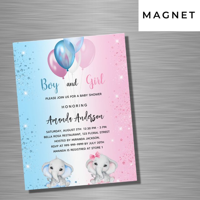 Baby Shower blue rosa boyflicka, elefanternas lyxv Magnetisk Inbjudningskort (Skapare uppladdad)