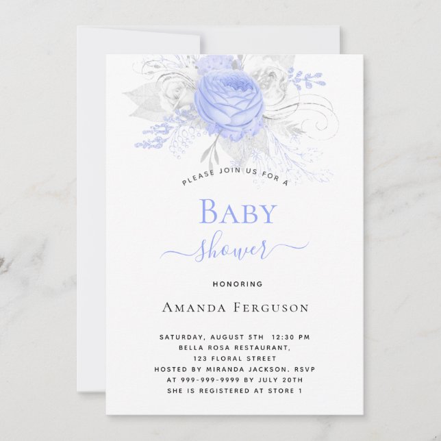 Baby Shower Blue silver white blommpojke Inbjudningar (Framsida)