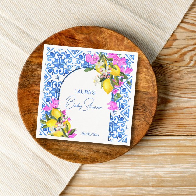 Baby Shower Blue Tiles Lemons bougainvillea Pappersservett (Baby Shower Blue Tiles Lemons bougainvillea template Napkins personalized baby shower tableware)