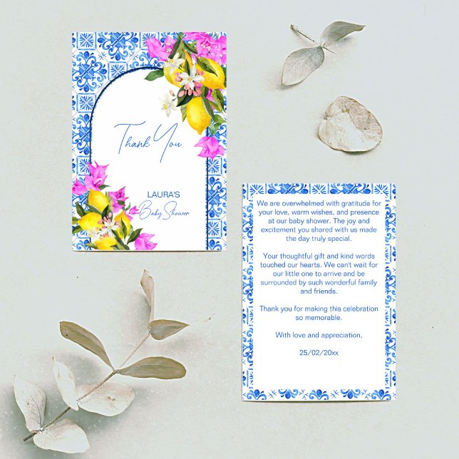 Baby Shower Blue Tiles Lemons bougainvillea Tack Kort (Baby Shower Blue Tiles Lemons bougainvillea Mediterranean Italian Greek themed Thank You Card)
